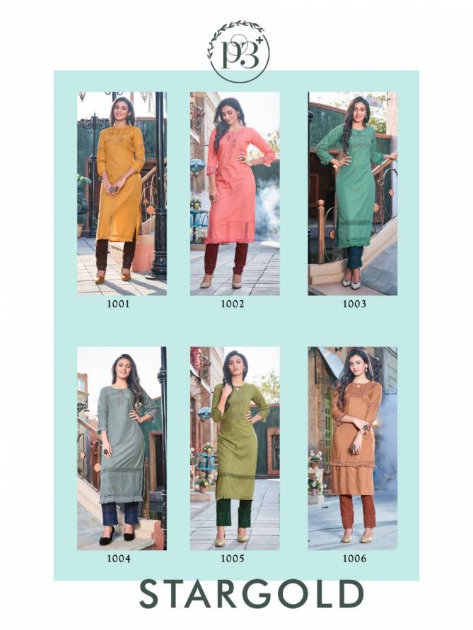 P3 Star Gold Latest Fancy Designer Ethnic Wear Poly Rayon Embroidery Kurti With Bottom Collection
